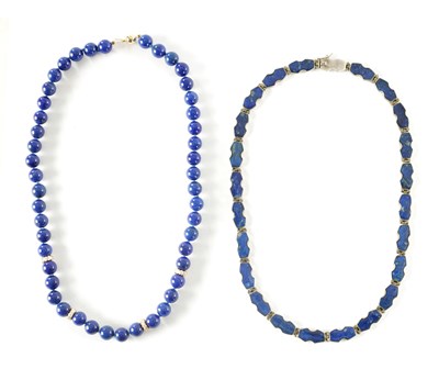 Lot 239 - A 14CT GOLD LAPIS LAZULI BEADED NECKLACE AND A SPANISH SILVER AND LAPIS LAZULI NECKLACE