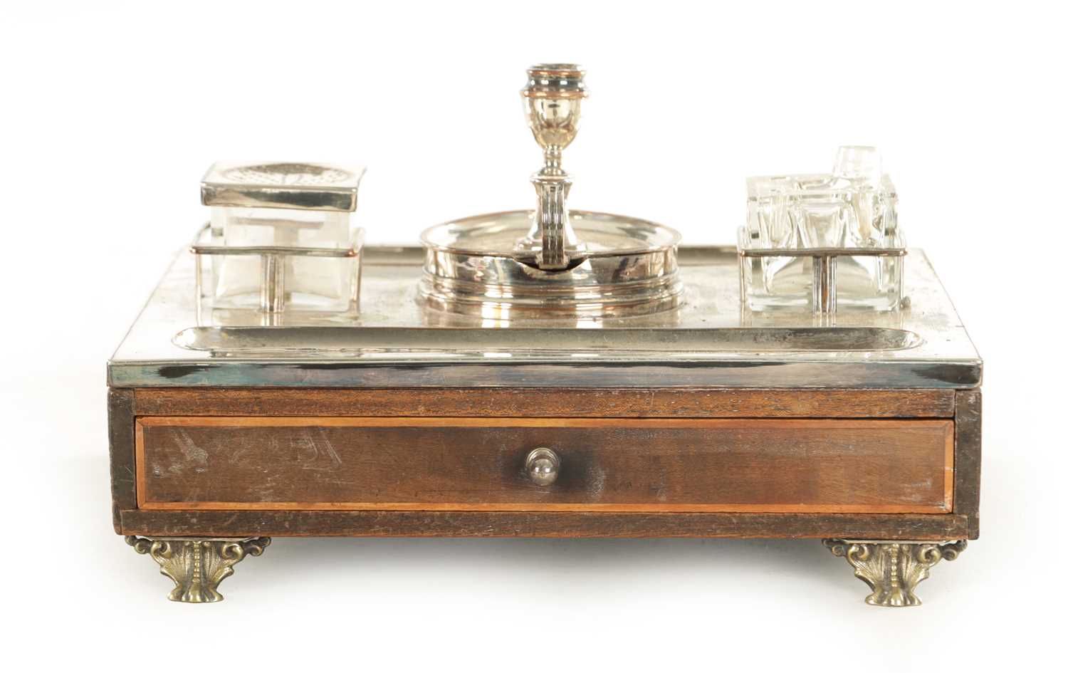 Lot 429 - AN UNUSUAL LATE GEORGIAN SHEFFIELD PLATE AND MAHOGANY DESK STAND