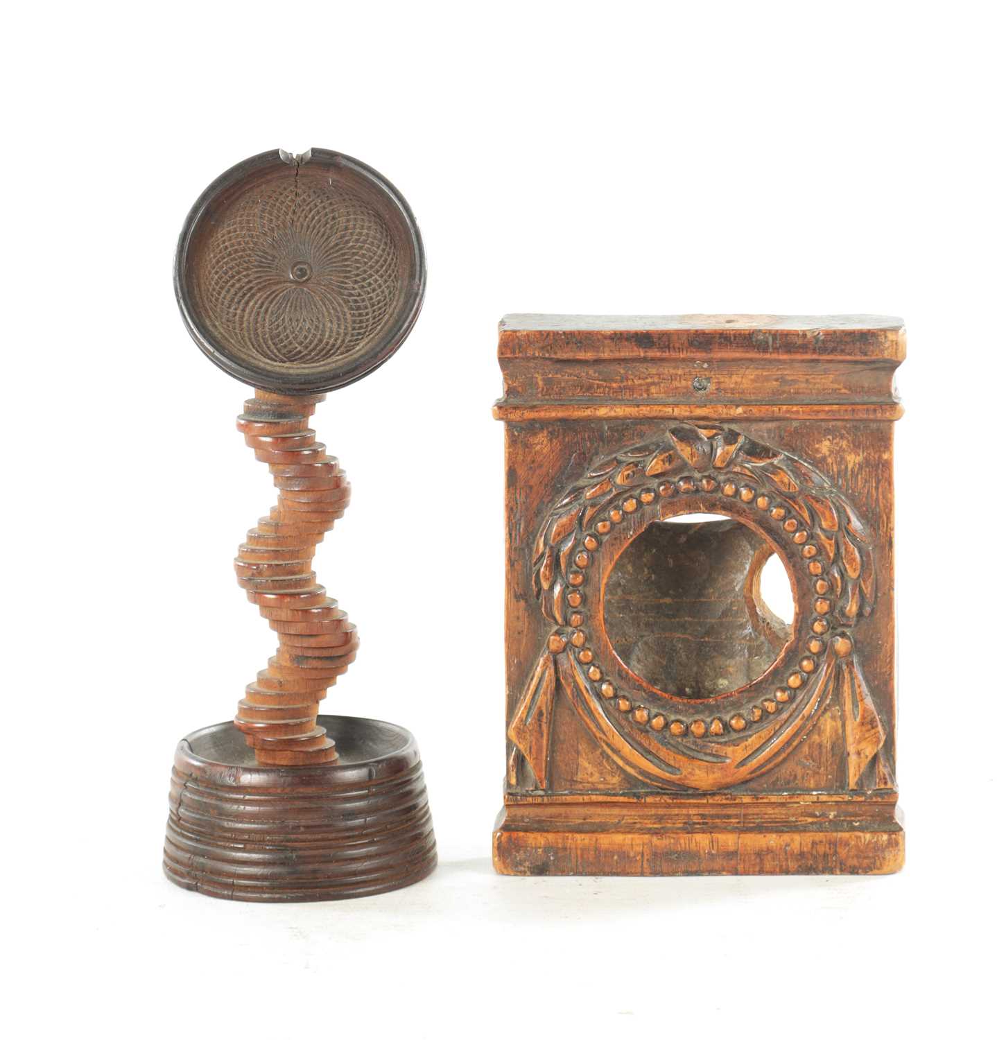 Lot 1187 - AN UNUSUAL 19TH CENTURY TREENWARE WATCH STAND AND A WATCH HOLDER