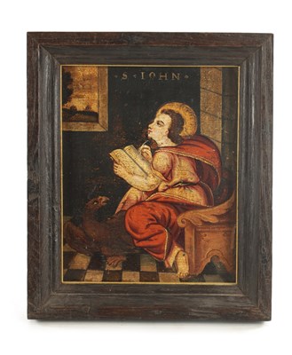 Lot 986 - A 17TH CENTURY OIL ON OAK PANEL OF ST. JOHN