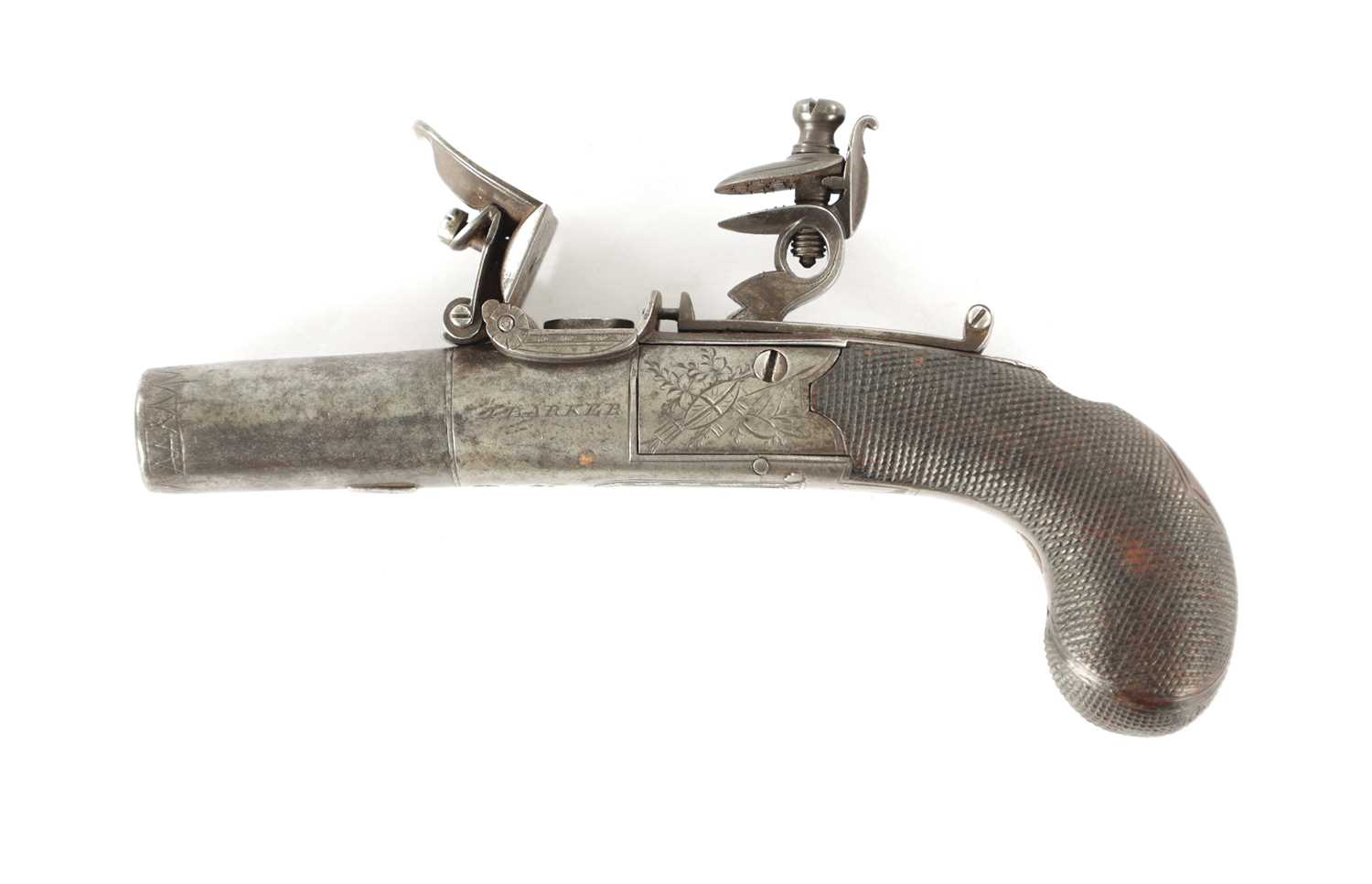 Lot 562 - AN EARLY 19TH CENTURY FLINTLOCK POCKET PISTOL BY BAKER