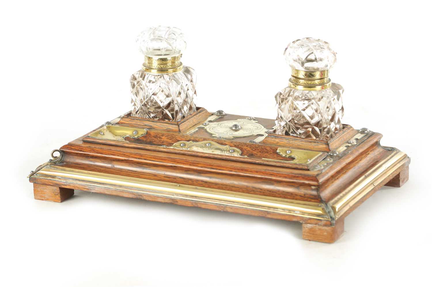 Lot 1223 - A LATE VICTORIAN STUDDED BRASS BOUND OAK DESK STAND