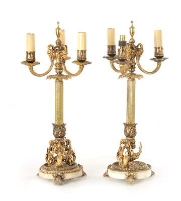 Lot 599 - A PAIR OF LATE 19TH CENTURY FRENCH ORMOLU AND WHITE MARBLE THREE BRANCH CANDELABRA