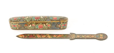 Lot 774 - AN EARLY 20TH CENTURY POLYCHROME GLAZED PAPIER MACHE PEN BOX AND PAGE TURNER