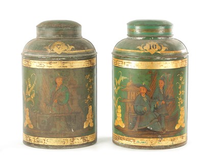 Lot 695 - A PAIR OF 19TH CENTURY PAINTED TIN GROCERS TEA CANISTERS