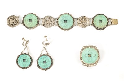 Lot 169 - A CHINESE SILVER AND FAUX HARDSTONE SET BRACELET, BROOCH AND PAIR OF EARRINGS