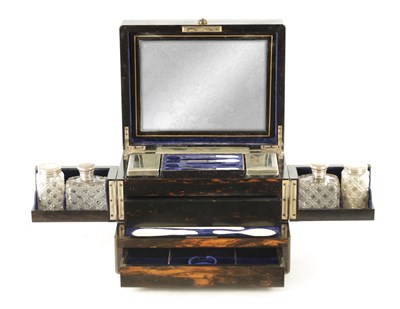 Lot 1222 - A VICTORIAN CALAMANDER AND SILVER FITTED DRESSING BOX STAMPED CHAPMAN, SON & CO LONDON E.C.