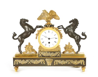 Lot 1003 - A REGENCY BRONZE AND ORMOLU FUSEE MANTEL CLOCK