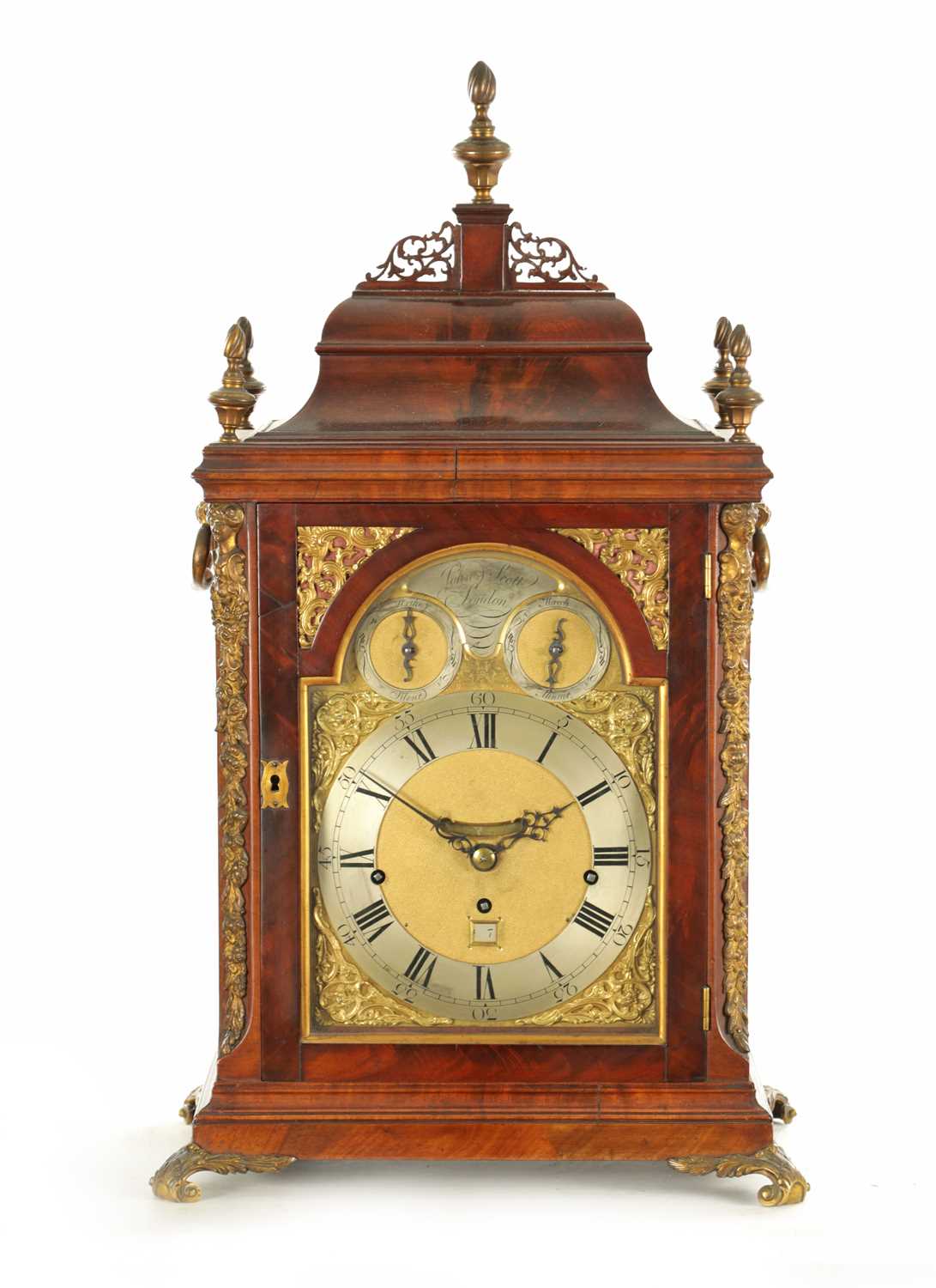 Lot 1096 - JOHN SCOTT, LONDON. A GEORGE III ORMOLU MOUNTED QUARTER CHIMING MUSICAL BRACKET CLOCK