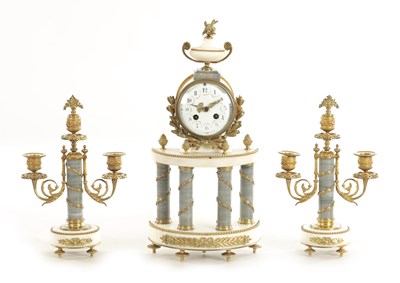 Lot 1058 - A 19TH CENTURY FRENCH MARBLE AND ORMOLU MOUNTED CLOCK GARNITURE