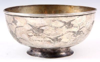 Lot 149 - A CHINESE SILVER BOWL decorated with crane's...