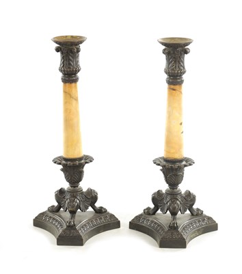 Lot 830 - A PAIR OF REGENCY STYLE SIENNA MARBLE AND BRONZE CANDLESTICKS