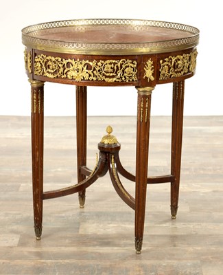 Lot 1329 - A FRENCH ORMOLU MOUNTED MAHOGANY MARBLE TOPPED OCCASIONAL TABLE