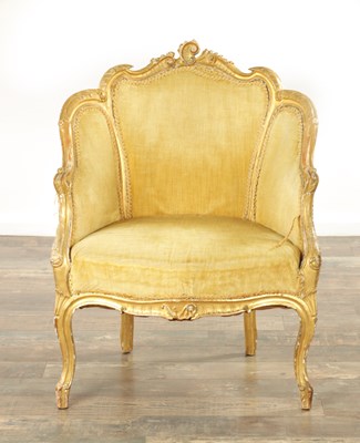 Lot 1323 - A LATE 19TH CENTURY LOUIS XVI STYLE GILT UPHOLSTERED ARMCHAIR