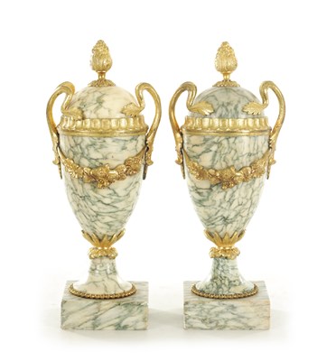 Lot 717 - A PAIR OF 19TH CENTURY FRENCH ORMOLU MOUNTED MARBLE CASSOLETTES