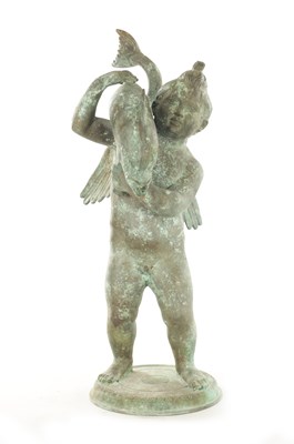 Lot 850 - A 19TH CENTURY BRONZE FOUNTAIN DEPICTING A WINGED CHERUB HOLDING A DOLPHIN