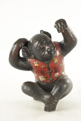 Lot 185 - A 19TH CENTURY CHINESE BRONZE AND CLOISONNE SCULPTURE OF A MONKEY