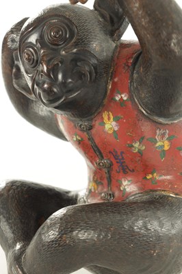 Lot 185 - A 19TH CENTURY CHINESE BRONZE AND CLOISONNE SCULPTURE OF A MONKEY