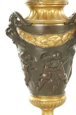 Lot 857 - FERDINAND BARBEDIENNE, A PAIR OF LATE 19TH CENTURY FRENCH BRONZE AND GILT BRONZE LIDDED URNS AFTER A DESIGN BY COLIDON