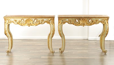 Lot 1333 - A PAIR OF 19TH CENTURY PAINTED AND GILT GESSO CONSOLE TABLES