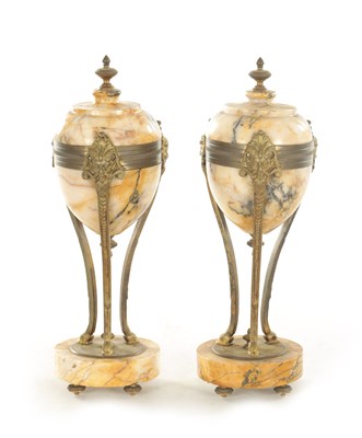 Lot 829 - A PAIR OF LATE 19TH CENTURY SIENNA MARBLE AND ORMOLU MOUNTED CASSOLETTES