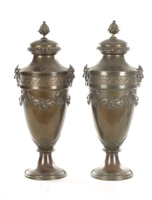 Lot 754 - A LARGE PAIR OF 19TH CENTURY PATINATED BRONZE LIDDED VASES