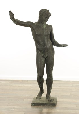 Lot 725 - A LARGE GREEN PATINATED FIGURAL BRONZE DEPICTING MARATHON BOY