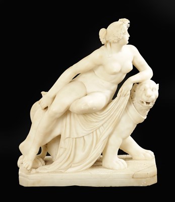 Lot 726 - A LARGE 19TH CENTURY GRAND TOUR CARVED ALABASTER SCULPTURE DEPICTING THE GREEK GODDESS ARIADNE ON THE PANTHER