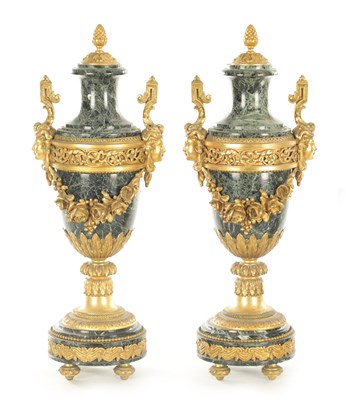 Lot 761 - A PAIR OF 19TH CENTURY LOUIS XVI STYLE ANTICO VERDE ORMOLU MOUNTED URNS