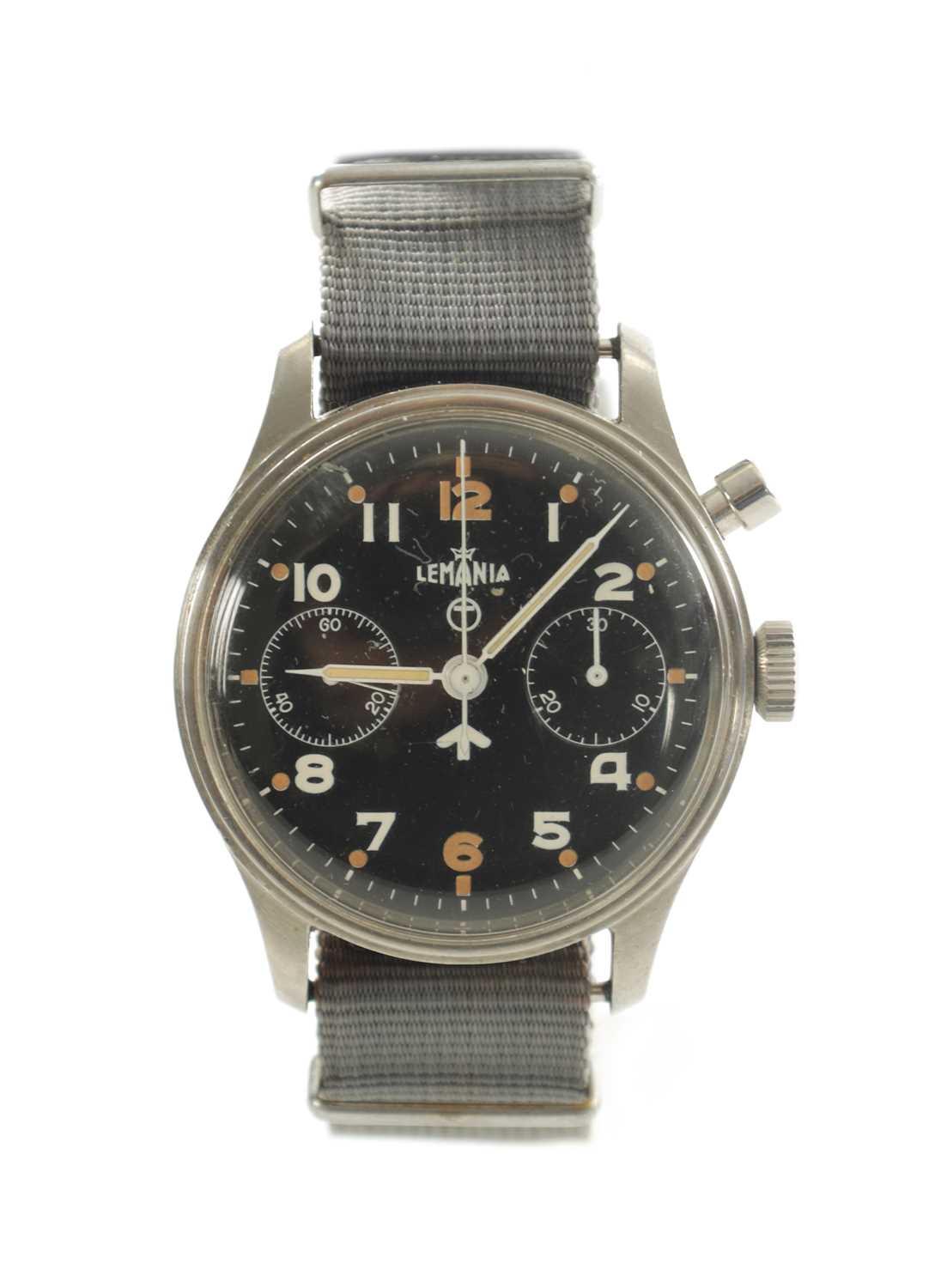 Lot 346 - A GENTLEMAN'S LEMANIA MONOPUSHER ROYAL NAVY MILITARY CHRONOGRAPH WRISTWATCH