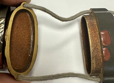 Lot 105 - A MEIJI PERIOD JAPANESE LACQUERED INRO WITH AMBER GLASS OJIME AND BONE NESUKE