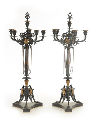 Lot 698 - A PAIR OF LATE 19TH CENTURY BRONZE AND GILT BRONZE SIX BRANCH CANDELABRA