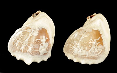 Lot 667 - A PAIR OF LATE 19TH CENTURY CARVED CAMEO SEA SHELLS