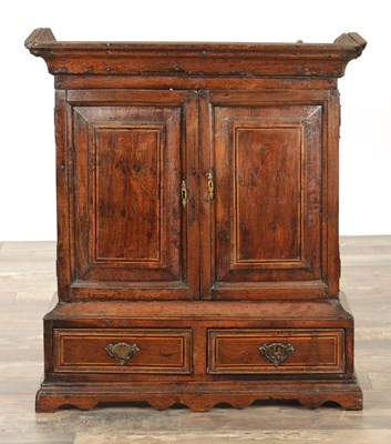 Lot 1311 - AN EARLY 18TH CENTURY INLAID CHESHIRE OAK TABLE SPICE CABINET