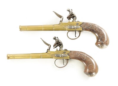 Lot 536 - A FINE PAIR OF 18TH CENTURY DOUBLE BARREL BOX-LOCK FLINTLOCK PISTOLS SIGNED PERRY, LONDON