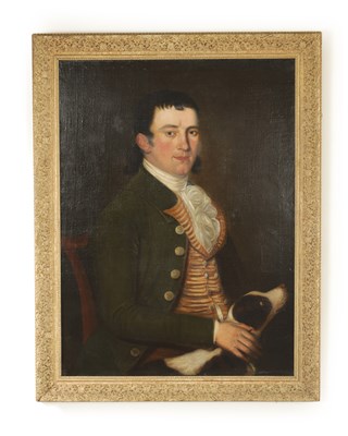 Lot 960 - AN 18TH CENTURY OIL ON CANVAS PORTRAIT OF A GENTLEMAN WITH HIS DOG