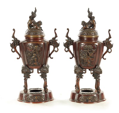 Lot 207 - A PAIR OF LATE 19TH CENTURY CHINESE LACQUERED BRONZE INCENSE BURNERS