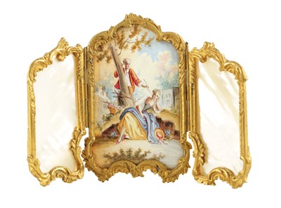 Lot 246 - A 19TH CENTURY MINIATURE ORMOLU MOUNTED ROCOCO STYLE THREE FOLD SCREEN