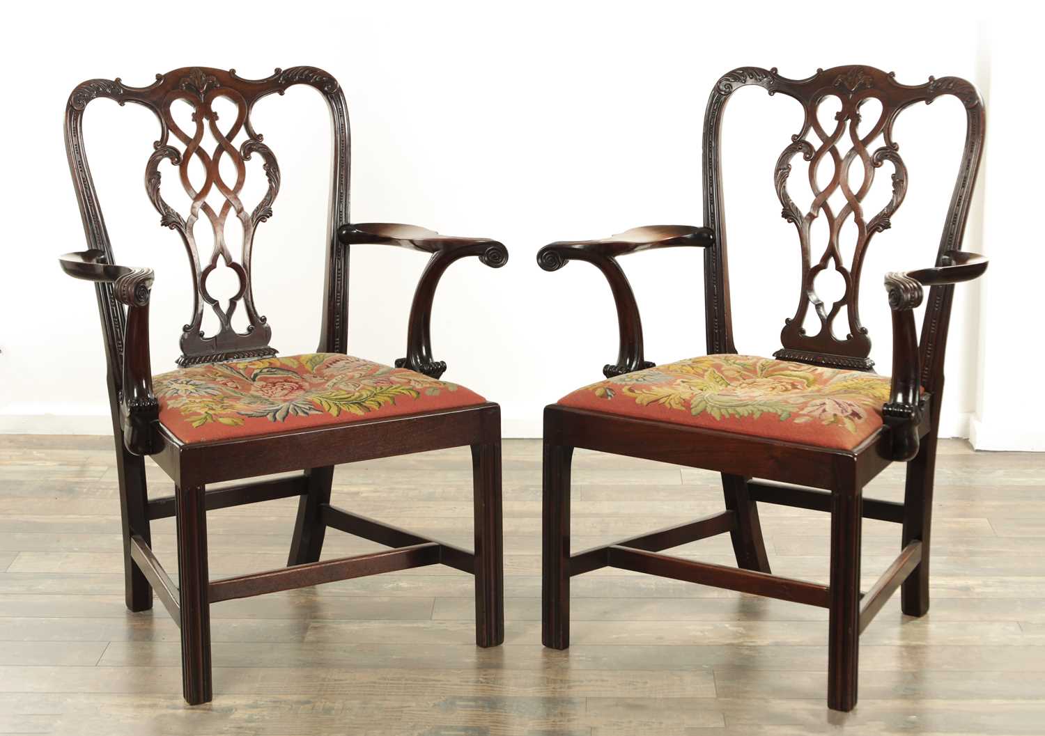 Lot 1314 - A FINE PAIR OF 18TH CENTURY CHIPPENDALE DESIGN OPEN ARMCHAIRS