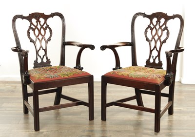 Lot 1314 - A FINE PAIR OF 18TH CENTURY CHIPPENDALE DESIGN OPEN ARMCHAIRS