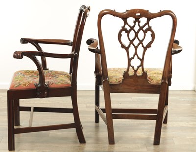 Lot 1314 - A FINE PAIR OF 18TH CENTURY CHIPPENDALE DESIGN OPEN ARMCHAIRS