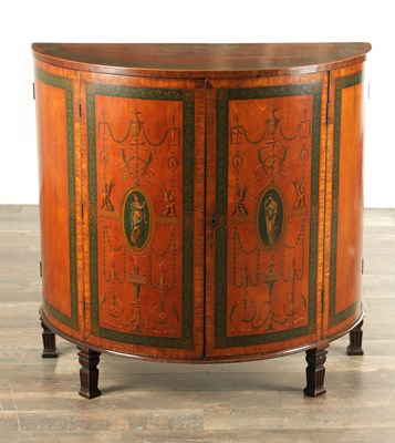 Lot 1338 - A RARE GEORGE III PAINTED SATINWOOD SHERATON DESIGN DEMI LUNE SIDE CABINET