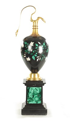 Lot 689 - A FINE 19TH CENTURY ITALIAN ORMOLU MOUNTED BLACK-SLATE, MALACHITE AND PIETRA DURA CLASSICAL EWER ON STAND