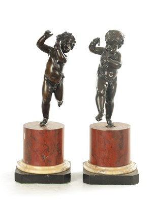 Lot 827 - A PAIR OF 19TH CENTURY ITALIAN GRAND TOUR BRONZE DANCING MUSICAL CHERUBS