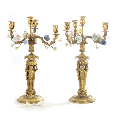 Lot 704 - A PAIR OF EARLY 19TH CENTURY FRENCH ORMOLU AND PORCELAIN MOUNTED CANDELABRA