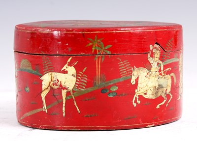 Lot 241 - A 19TH CENTURY PERSIAN TIN LINED RED LACQUER...