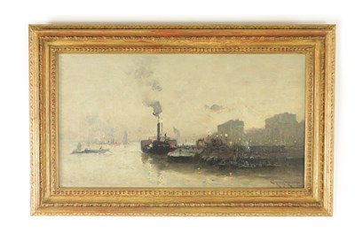 Lot 901 - CECIL ARTHER HUNT (1873-1965). A 19TH CENTURY OIL ON CANVAS A BUSY PORT SCENE WITH STEAMBOAT AND OTHER SHIPPING