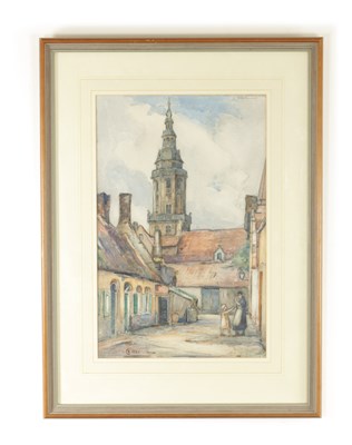 Lot 968 - AN EARLY 20TH CENTURY BELGIAN WATERCOLOUR LABELLED ON REVERSE TOWER OF HOTEL DE VILLE