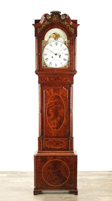 Lot 1102 - JAMES CONDLIFF, LIVERPOOL. A LATE REGENCY INLAID FIGURED MAHOGANY EIGHT-DAY MOON DIAL LONGCASE CLOCK