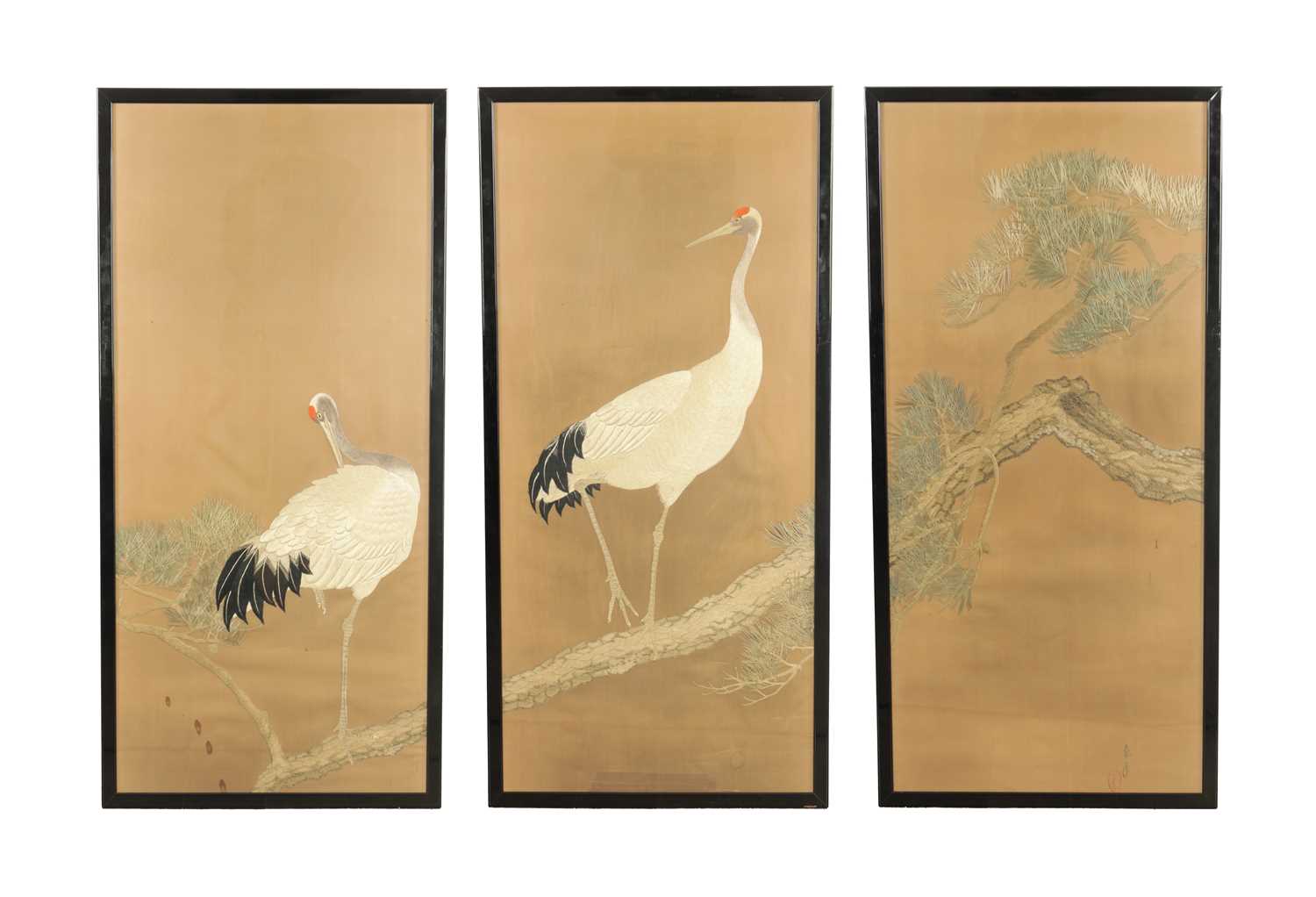 Lot 180 - A LATE 19TH CENTURY JAPANESE SILKWORK PICTURE FORMED AS THREE PANELS